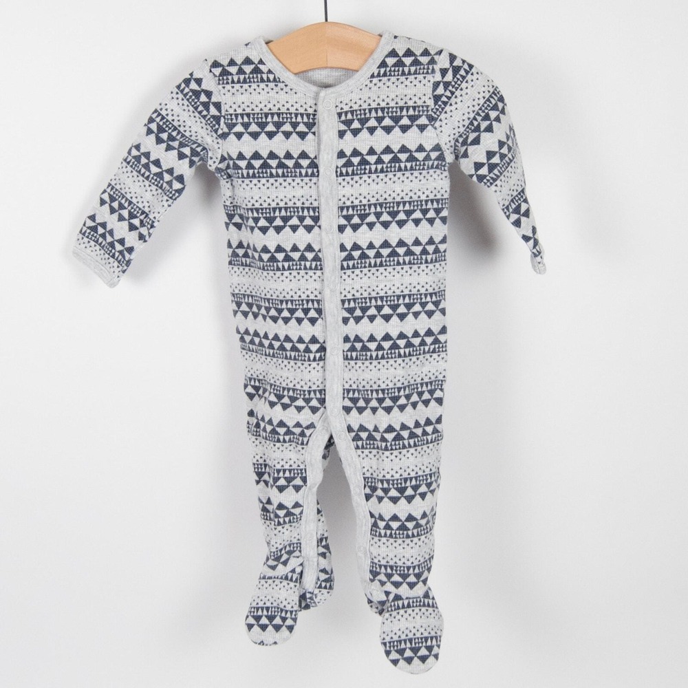 Petit Lem‎ Footed Sleeper Baby 6M Grey Navy Blue Geometric Waffle Knit